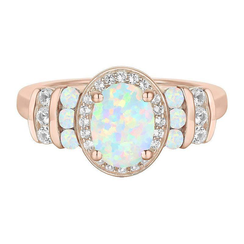 14k Rose Gold Over Silver Lab-Created Opal & Lab-Created White Sapphire Oval Halo Ring, Womens Product Image