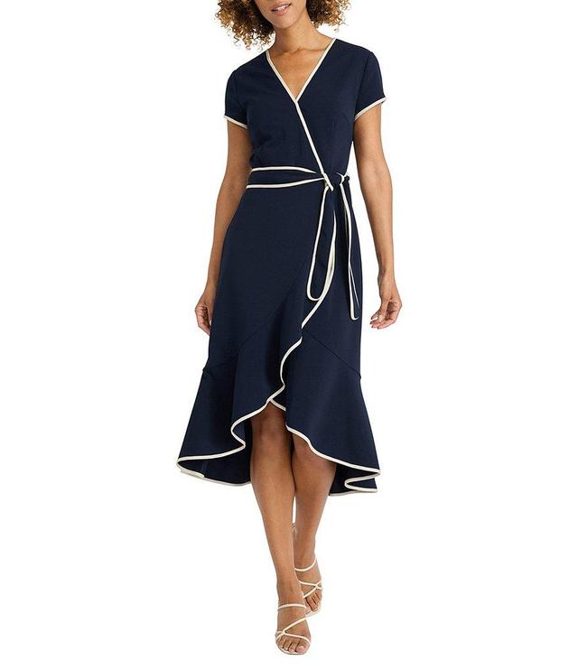 Maggy London Scuba Crepe Contrast Trim V-Neck Short Sleeve Tie Front Wrap Midi Dress Product Image