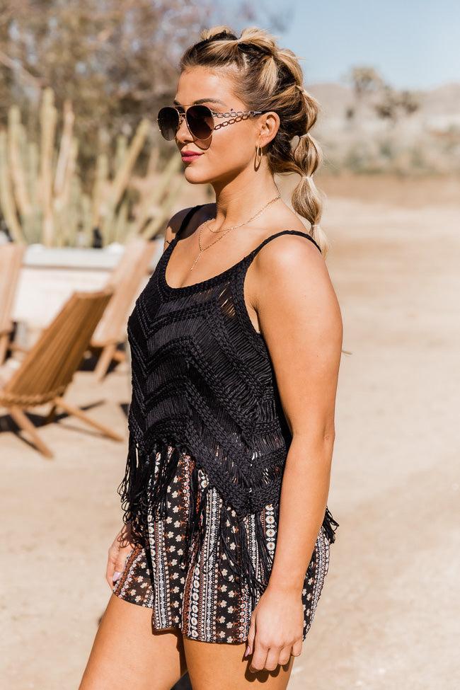 Free As Can Be Black Fringe Hem Crochet Tank FINAL SALE Product Image