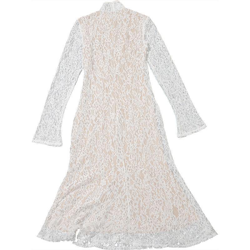 Long Sleeve Mock Neck Lace Overlay Midi Mermaid Dress Product Image