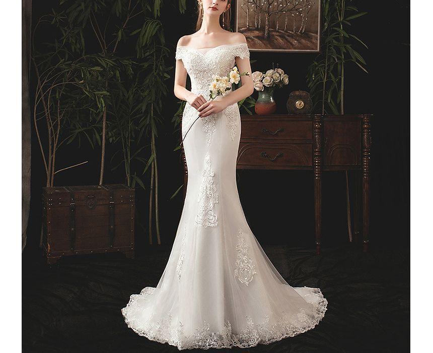 Short-Sleeve Off Shoulder Sequined Floral Lace Trained Mermaid Wedding Gown Product Image