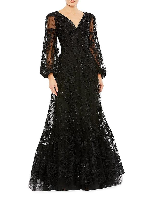 Mac Duggal Embroidered Bishop Sleeve Gown Product Image