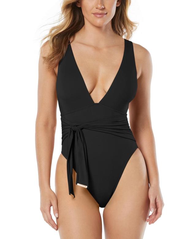 Vince Camuto Womens Side-Tie-Belt Plunge-Neck One-Piece Swimsuit Product Image