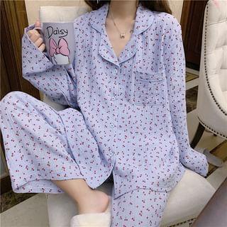 Pajama Set: Cherry Print Long-Sleeve Top + Pants Product Image