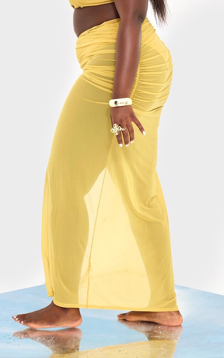 Plus Chartreuse Mesh Ruched Maxi Beach Skirt Product Image