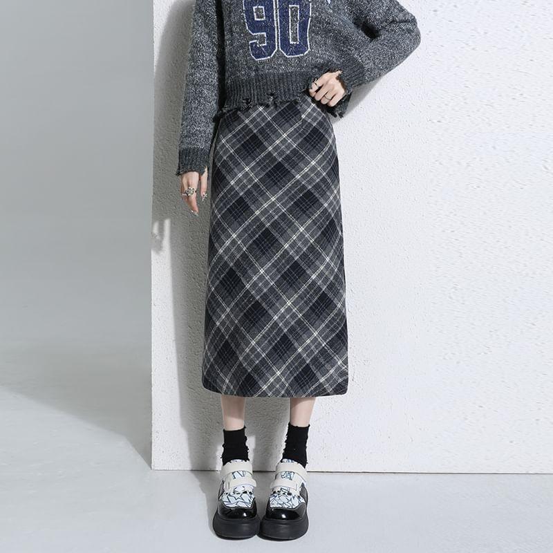 High Waist Plaid Slit Midi Pencil Skirt Product Image