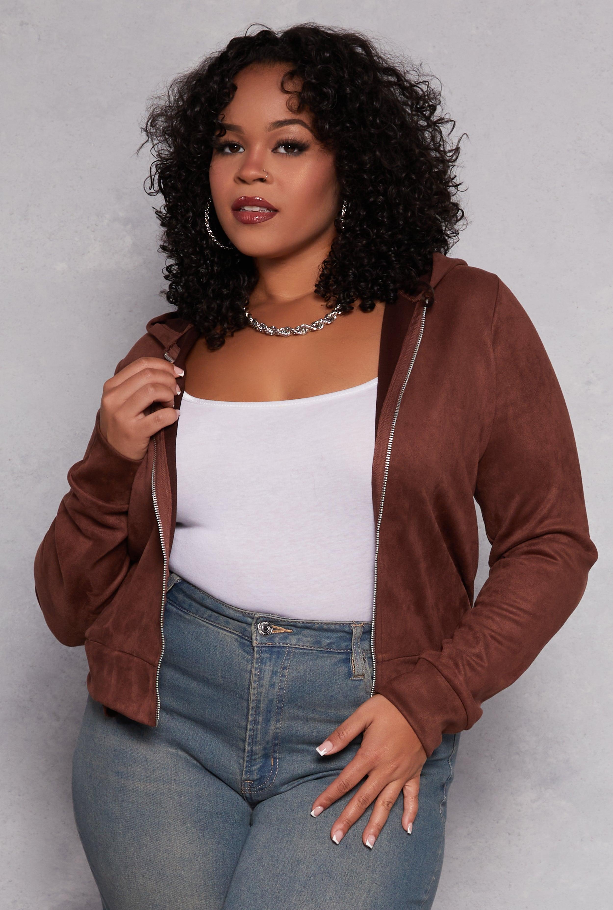 Womens Plus Size Faux Suede Zip Front Hoodie Product Image