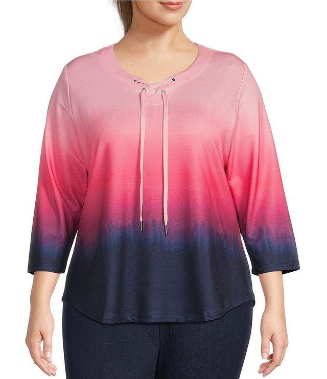 Allison Daley Plus Size Ombre 3/4 Sleeve Lace-Up Split V-Neck Knit Top Product Image