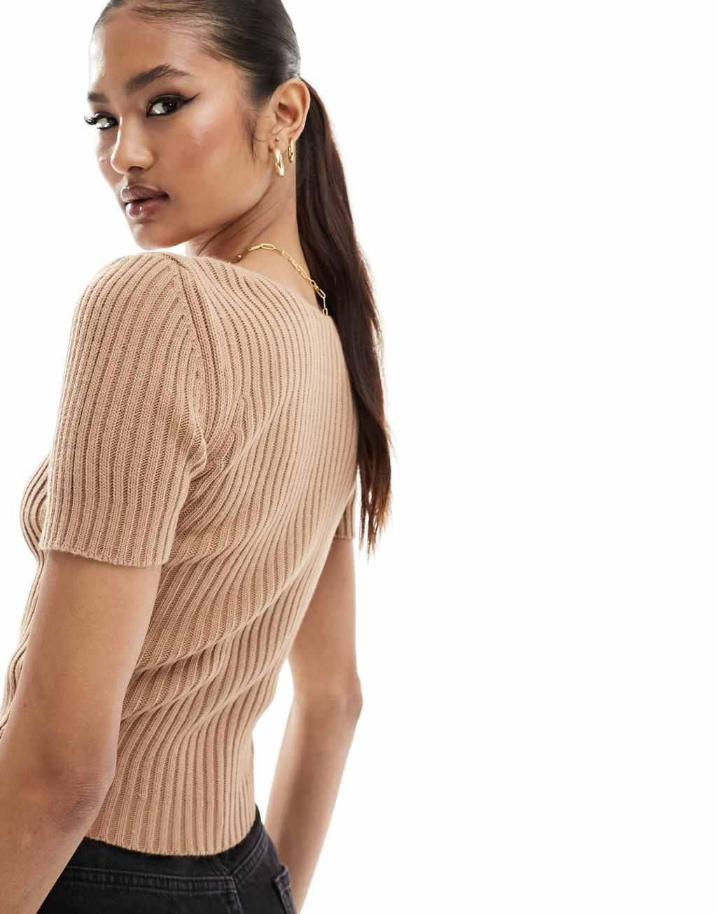 Fashionkilla knit v neck top in brown Product Image