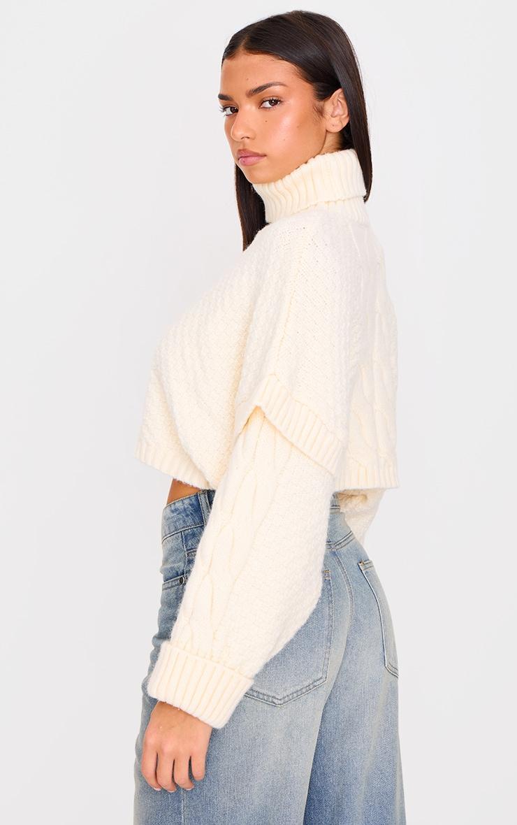 Cream Contrast Textured Knit Roll Neck Cropped Sweater Product Image