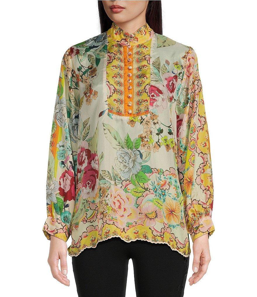 JOHNNY WAS Rossy Abby Ornate Floral Print Silk Banded Collar Long Sleeve Blouse product image