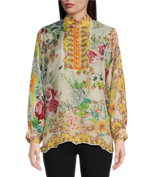 JOHNNY WAS Rossy Abby Ornate Floral Print Silk Banded Collar Long Sleeve Blouse Product Image