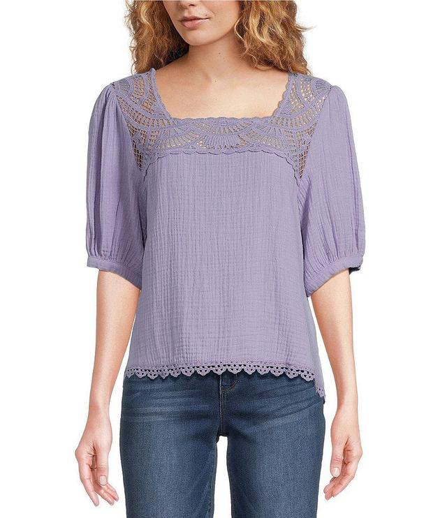 Democracy Cotton Woven Crochet Square Neck Short Bubble Sleeve Scallop Hem Top Product Image