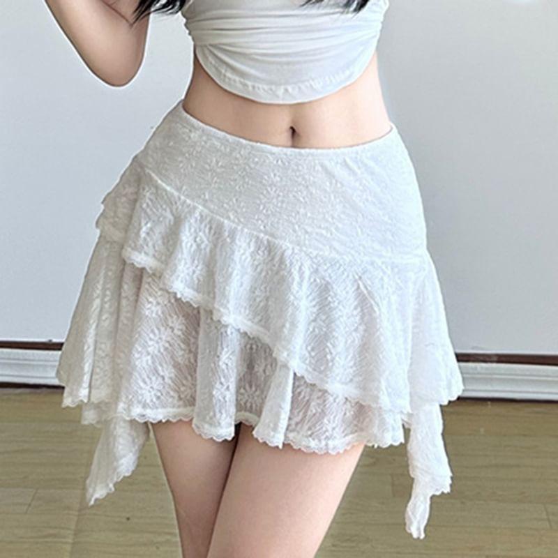 Mid Rise Floral Lace Trim Asymmetrical Mini A-Line Skirt Product Image