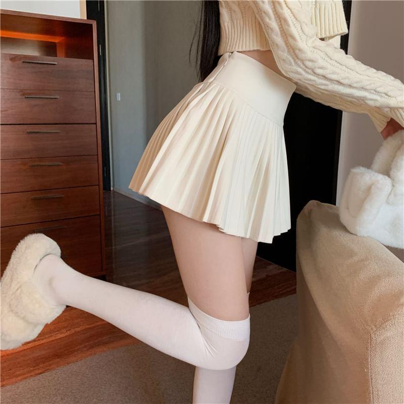 High Waist Plain Pleated Mini A-Line Skirt Product Image