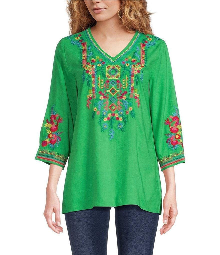 Calessa Woven Embroidered V Neck 3/4 Sleeve Straight Hem Pullover Tunic Product Image