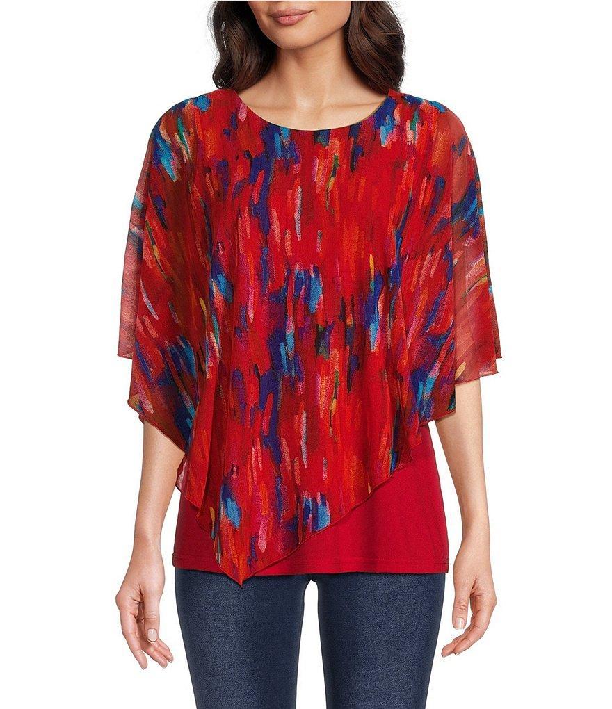 Calessa Printed Mesh Crew Neck 3/4 Sleeve Asymmetrical Hem Top Product Image