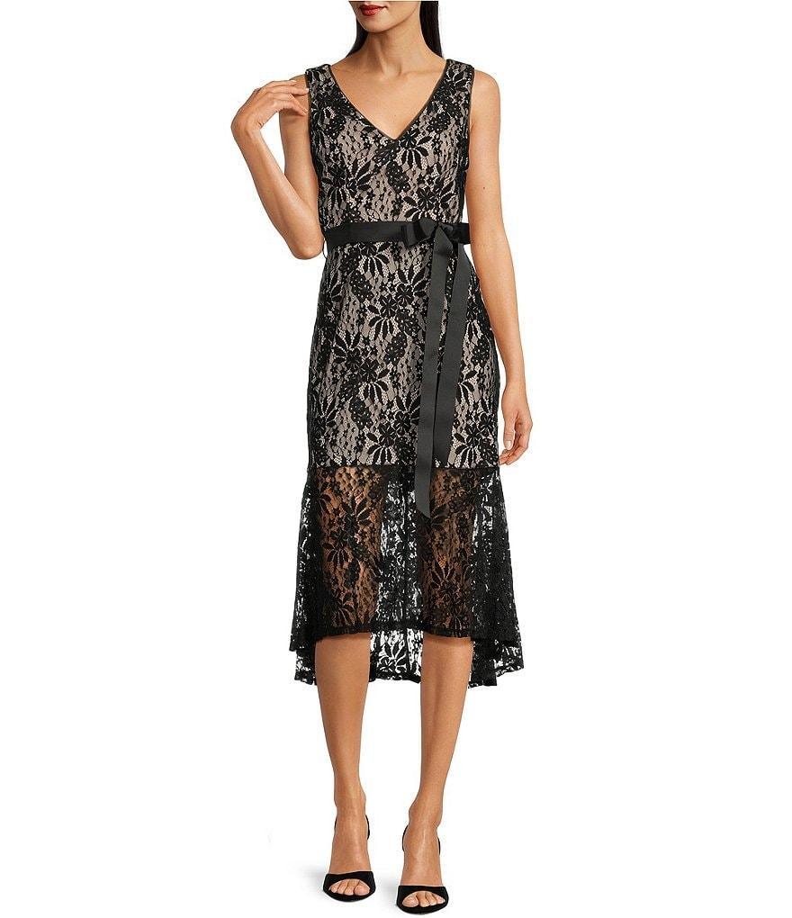 Adrianna Papell Lace V-Neck Sleeveless Flounce Hem Midi Dress Product Image