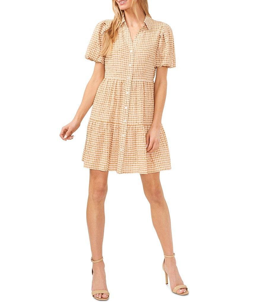 CeCe Woven Gingham Print Point Collar Short Sleeve Button Front Dress product image