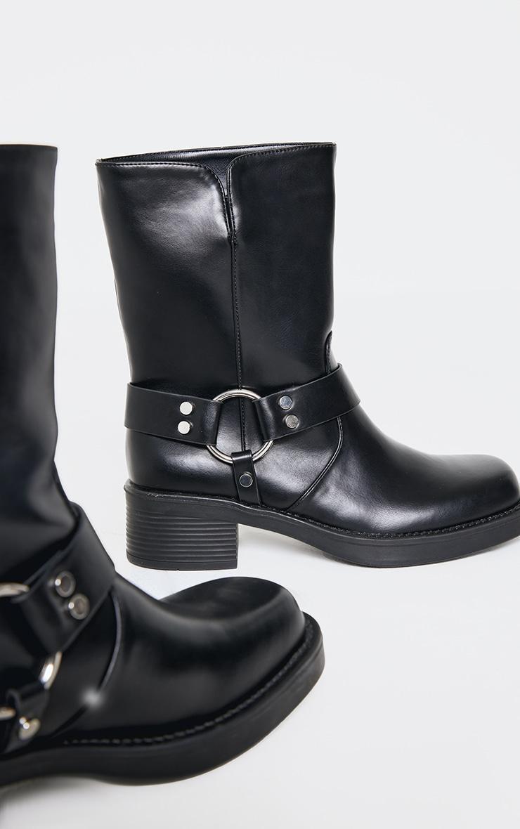 Black PU Round Toe Buckle Harness Detail Ankle Boots Product Image