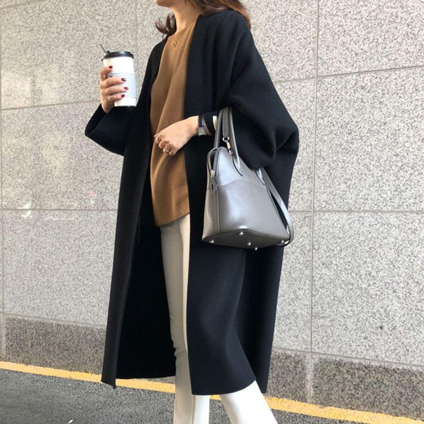 Collarless Plain Open Front Long Coat Product Image