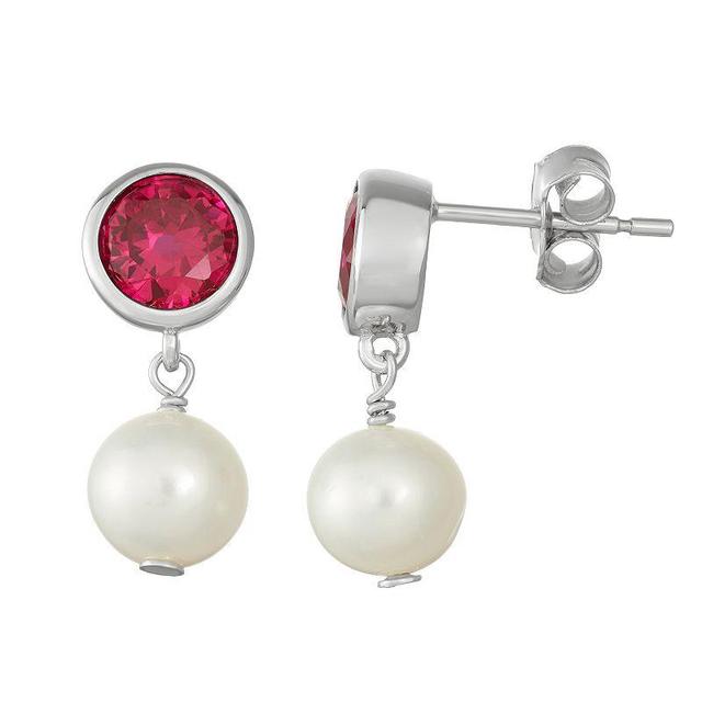 Sterling Silver Lab-Created Red Sapphire & Freshwater Cultured Pearl Drop Earrings, Womens Product Image