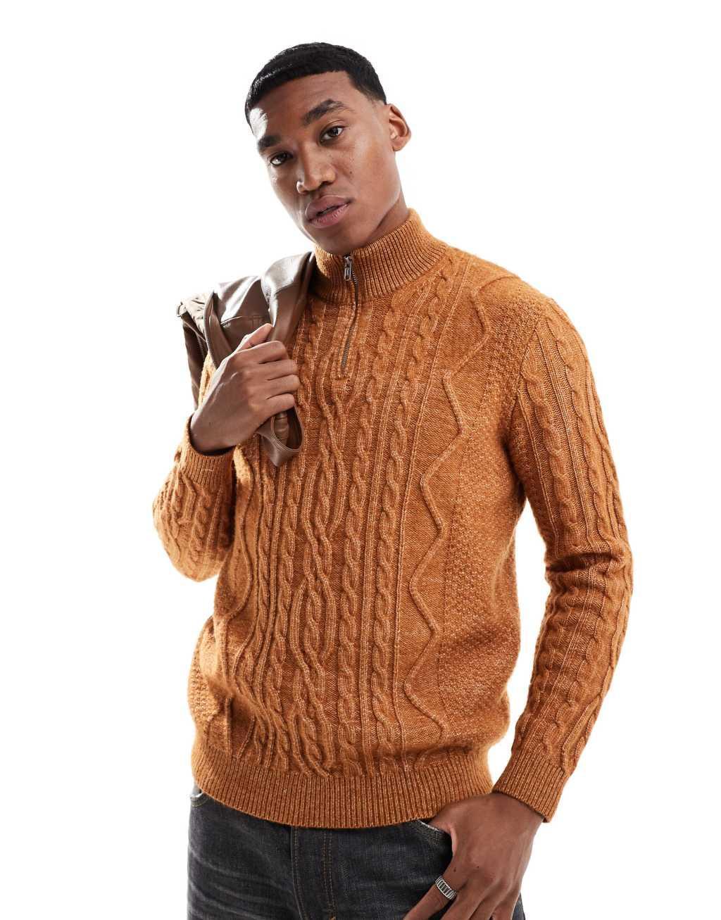 ASOS DESIGN heavyweight cable knit quarter zip sweater in tan Product Image