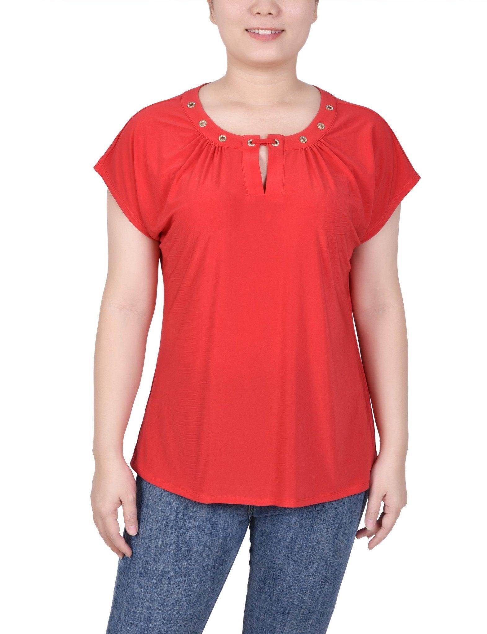 Short Extended-Sleeve Grommet Neck Knit Top - Petite Product Image