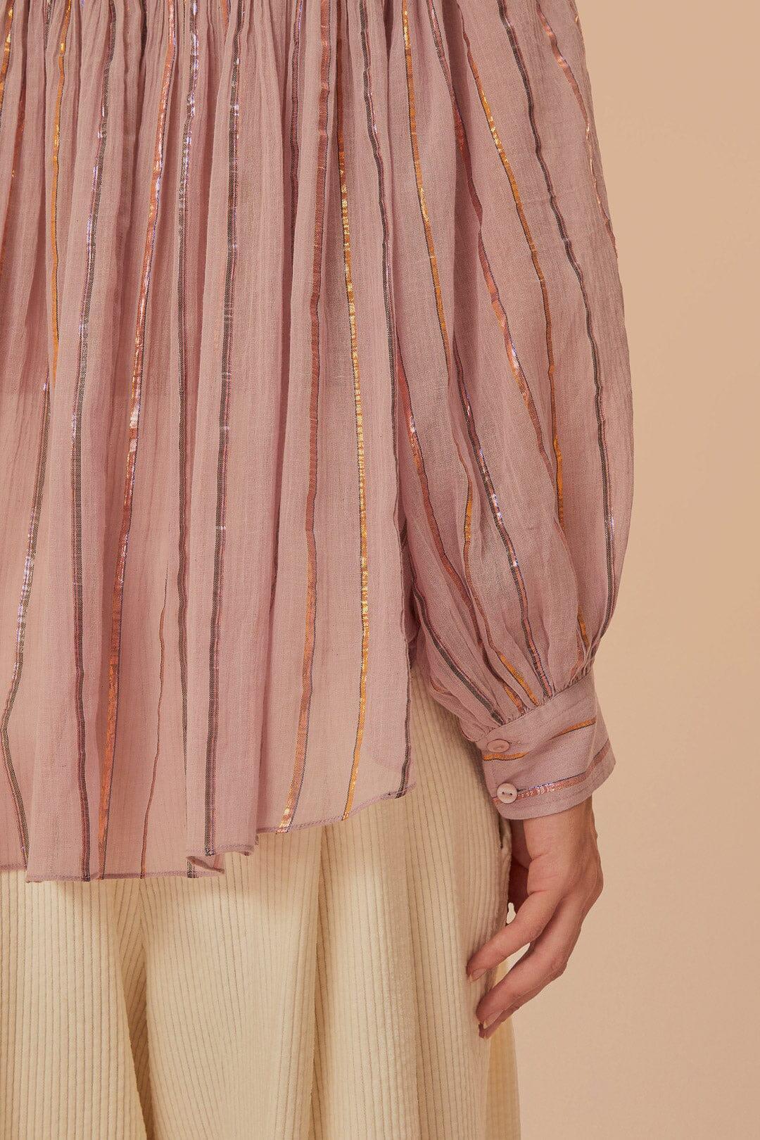 Light Pink Pleated Yoke Long Sleeve Blouse Product Image