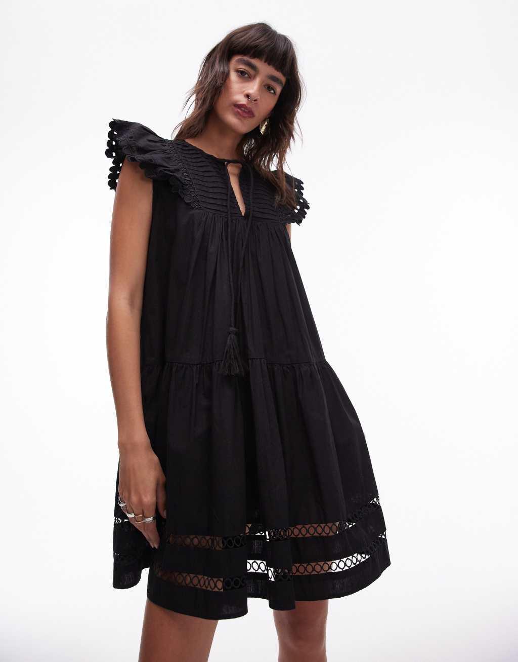 Topshop tassle detail broderie mini dress in black Product Image