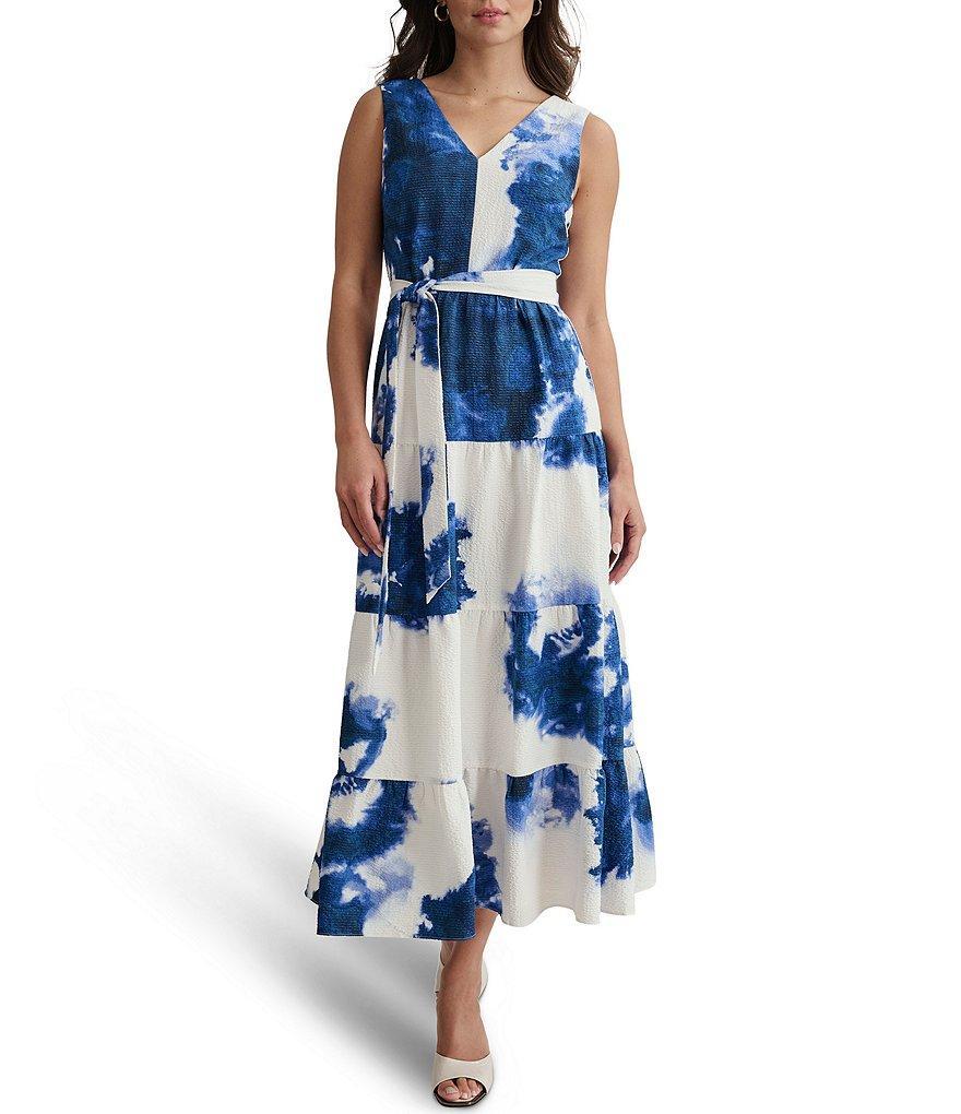 DKNY Print Crinkle Chiffon V-Neck Sleeveless Tie Front Dress Product Image