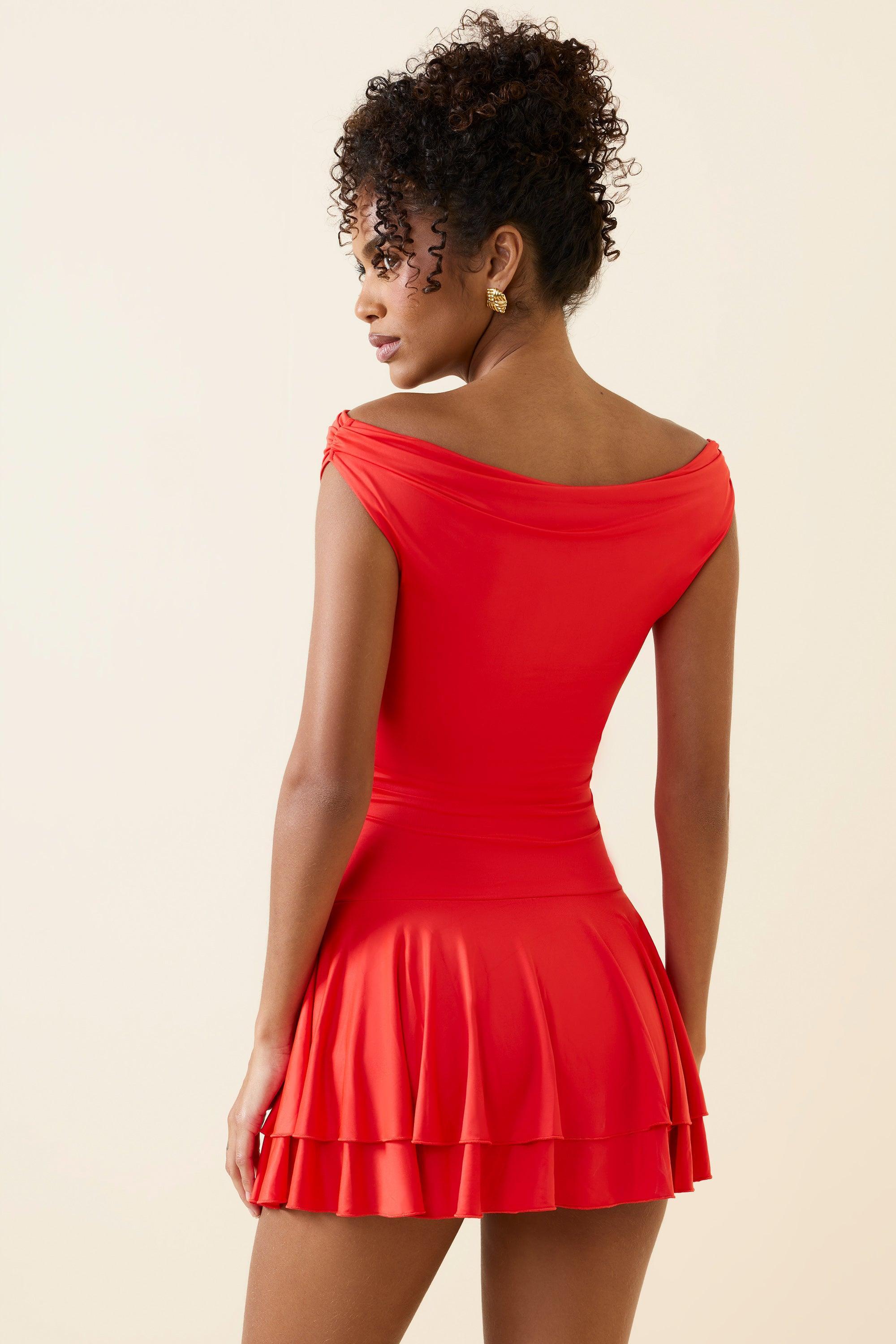 Off-Shoulder Ruffled Mini Dress in Scarlet Product Image