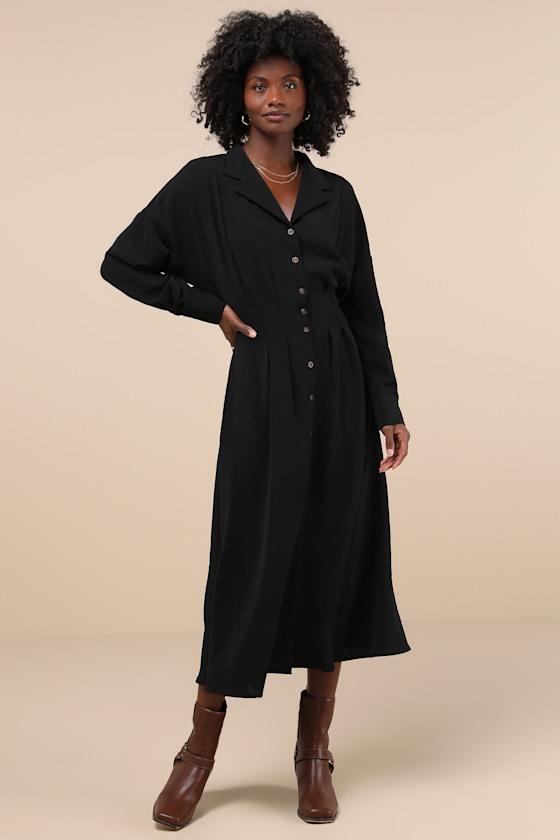 Timeless Class Black Collared Button-Up Pleated Midi Dress Product Image