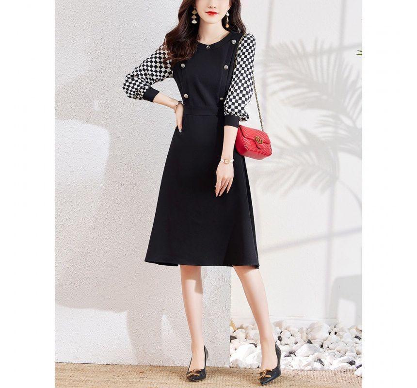 Long-Sleeve Scoop Neck Checker Panel Midi A-Line Dress Product Image