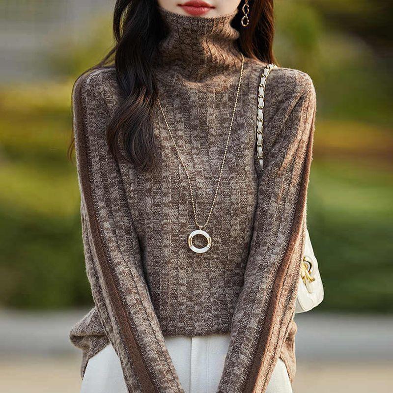 Turtleneck Striped Ribbed Knit Sweater Product Image