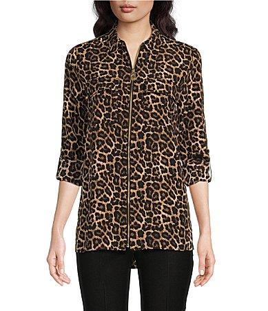 MICHAEL Michael Kors Leopard Print Point Collar Pebble Crepe Roll-Tab 34 Sleeve Zip Front Top Product Image