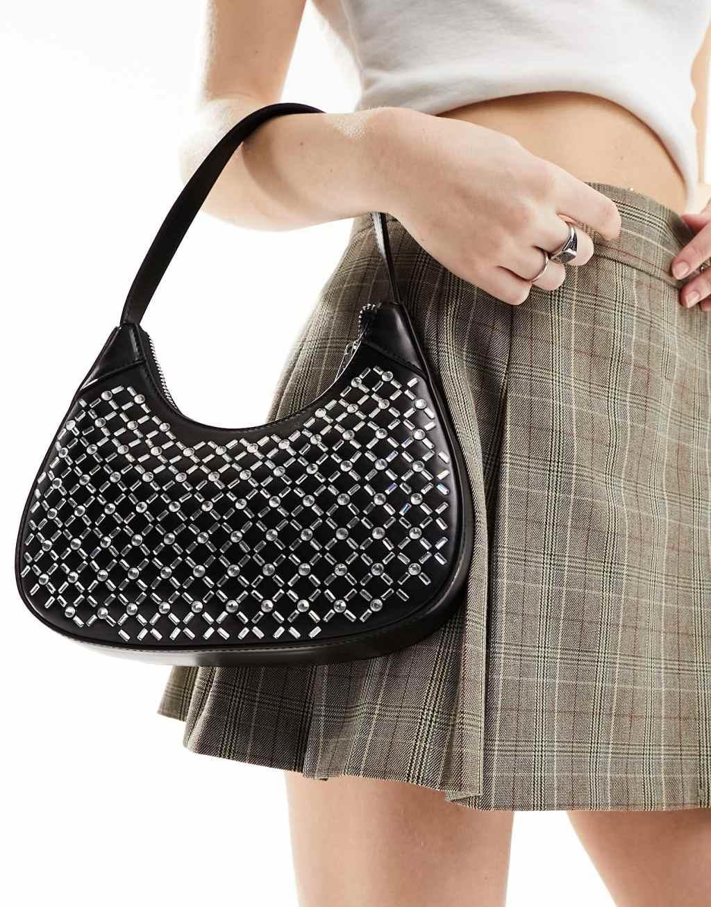 ASOS DESIGN scoop shoulder bag with hotfix diamante in black Product Image