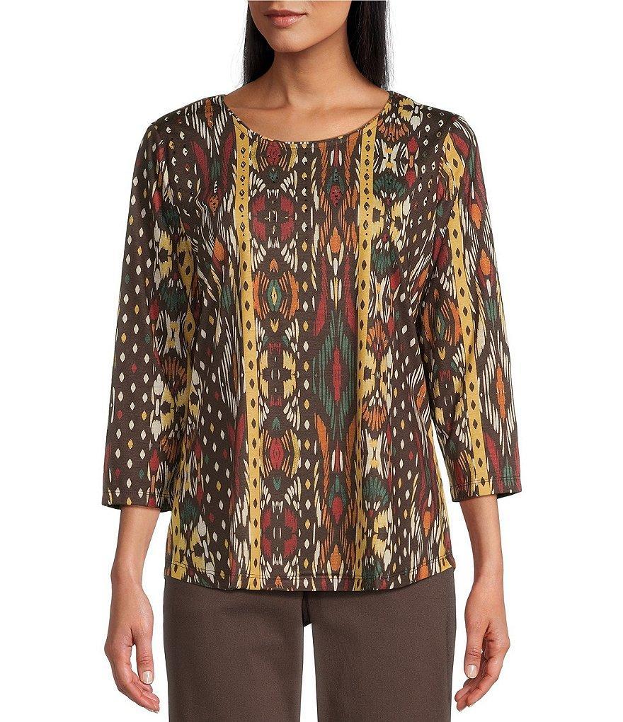 Allison Daley Embellished Diamond Ikat Print 3/4 Sleeve Crew Neck Knit Top Product Image