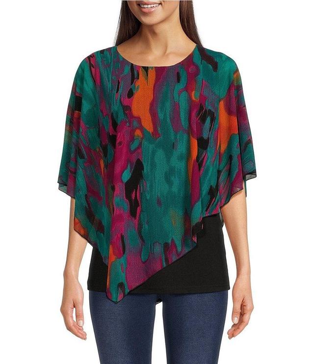 Calessa Stretch Printed Mesh Crew Neckline Short Sleeve Asymmetrical Hemline Top Product Image