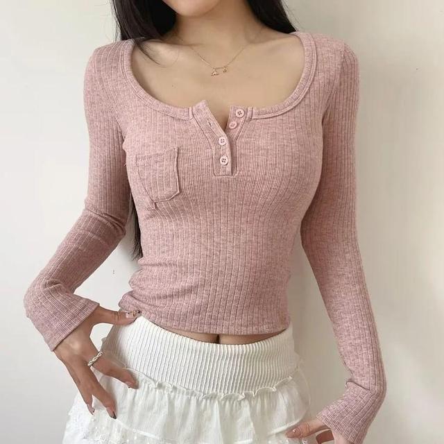 Long-Sleeve Henley Ribbed Crop Knit Top Product Image