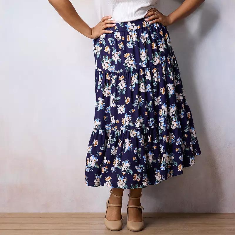 Plus Size LC Lauren Conrad Three Tiers Midi Skirt, Womens Blue Blooming Product Image