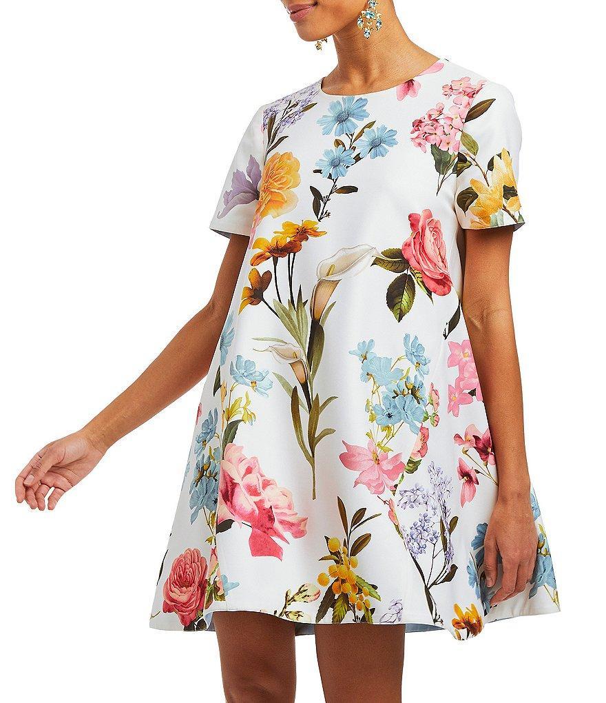 Mestiza New York Cecily Reversible Mixed Floral Print Stretch Crepe Bow Tie Back Short Sleeve Crew Neck Mini A-Line Dress Product Image