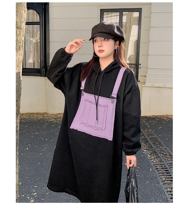 Plus Size Long-Sleeve Mock Two Piece Midi Hoodie Dress Product Image