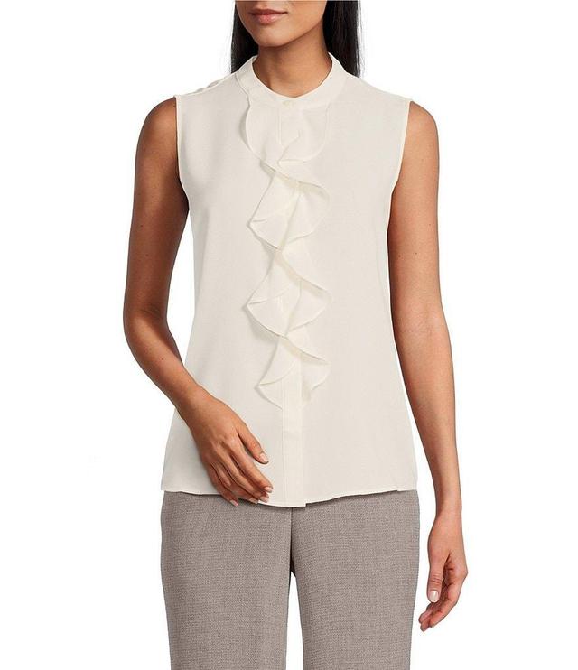 Kasper Crepe Band Neck Sleeveless Ruffle Blouse Product Image