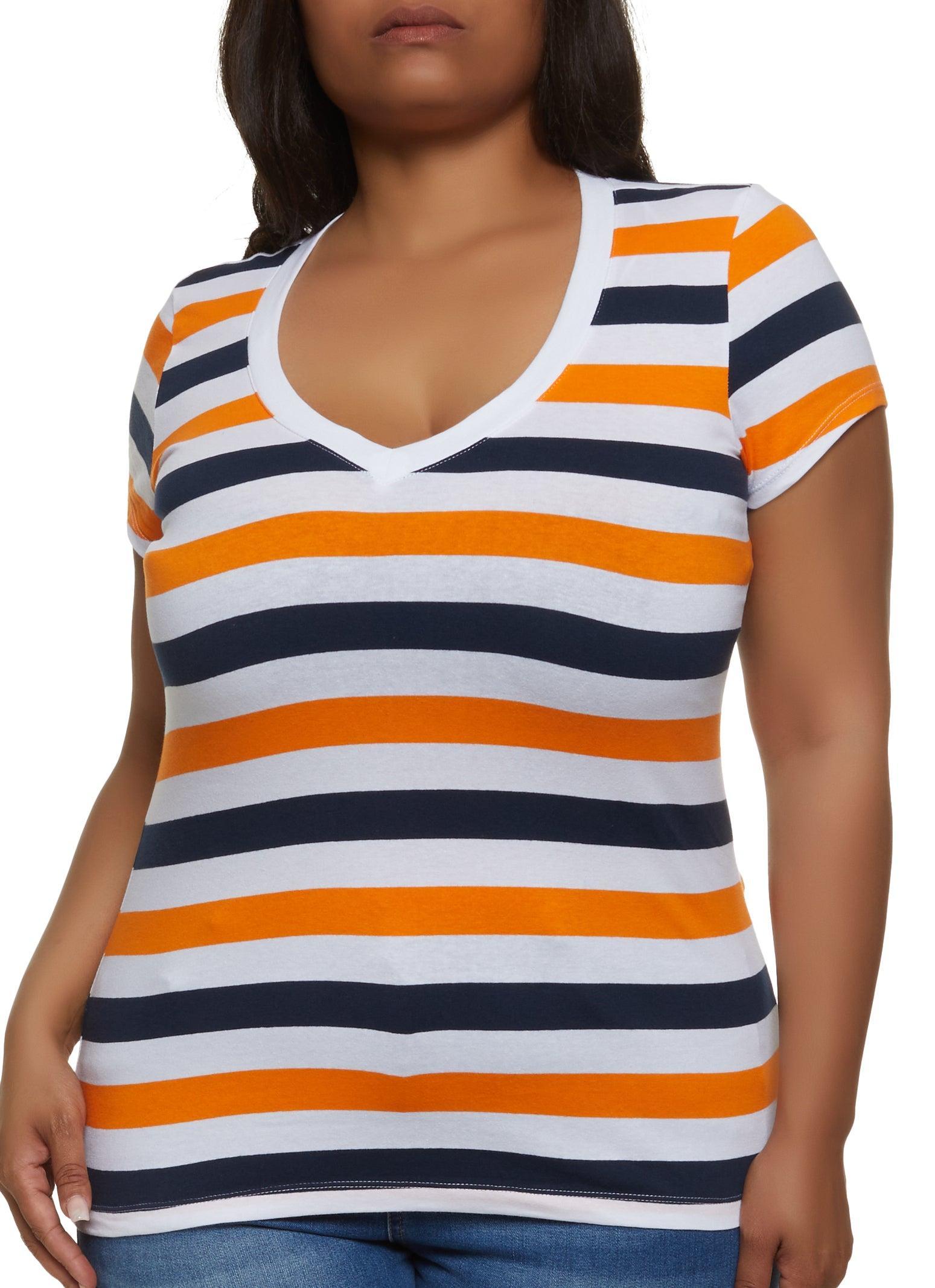 Womens Plus Size Striped V Neck Short Sleeve Tee Product Image