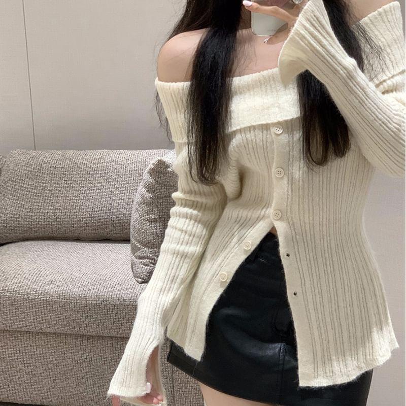 Long Sleeve Off-Shoulder Ribbed-Knit Sweater Product Image