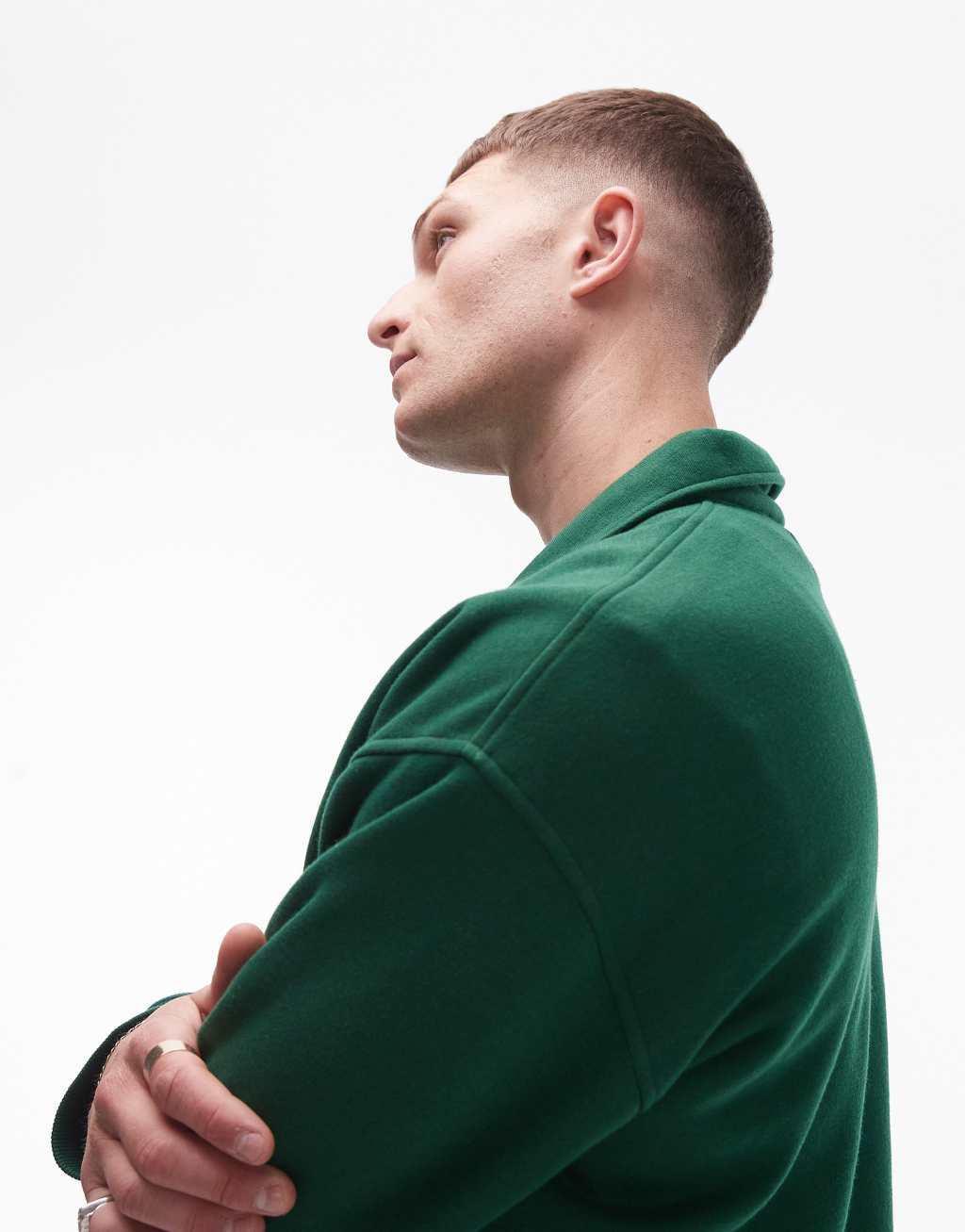 Topman oversized long sleeve sweats polo in green Product Image