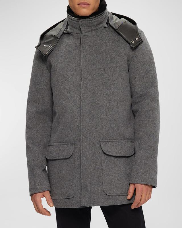 Mens Lamb Shearling-Collar Brushed Wool Parka Jacket With Detachable Hood Product Image