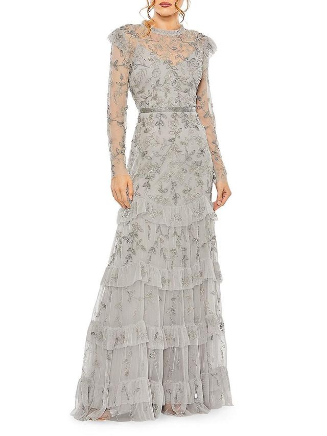 Mac Duggal Floral Beaded Appliqu Long Sleeve Tiered Gown Product Image