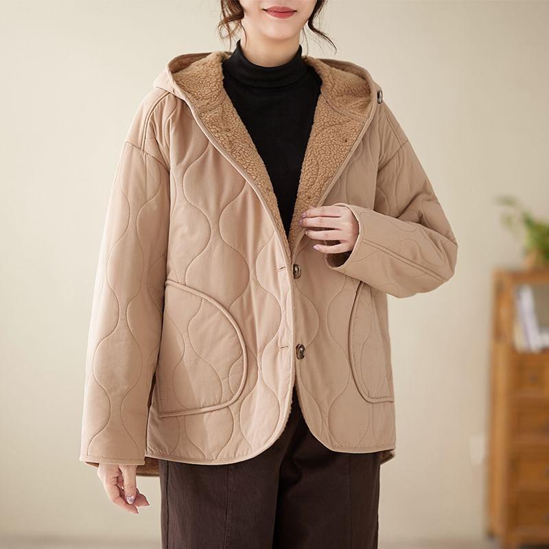 Plain Quilted Hooded Fleece-Lined Button Jacket Product Image